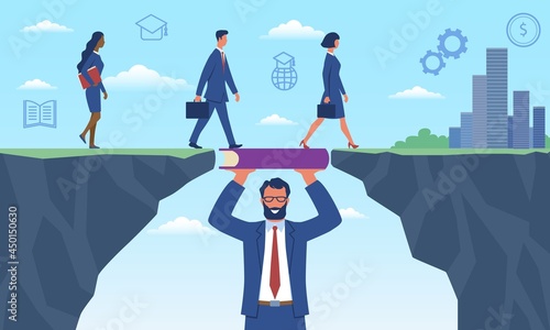 Male teacher is making a raft out of a book for people to achieve business goals. Teacher bridging the gap in education for a group of people to go to the other side. Flat cartoon vector illustration