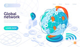 Global network technology with big globe on white background with icons. World internet connection or social media. Website, web page, landing page template. Isometric cartoon vector illustration