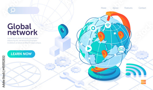 Global network technology with big globe on white background with icons. World internet connection or social media. Website, web page, landing page template. Isometric cartoon vector illustration photo