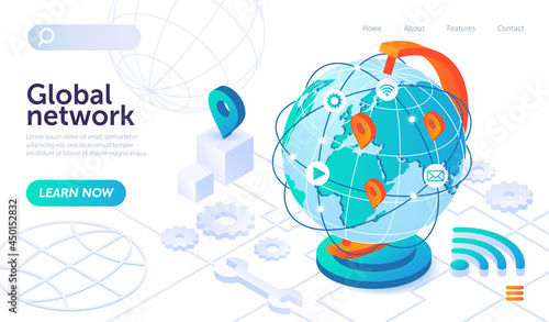 Global network technology with big globe on white background with icons. World internet connection or social media. Website, web page, landing page template. Isometric cartoon vector illustration