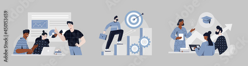 Set with male and female characters are gaining new skills on grey background. Concept of career development, workshop, conference and seminar, job success. Flat cartoon vector illustration