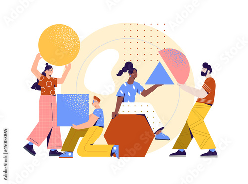 Male and female characters organizing abstract geometric shapes together on white background. Men and women collecting and organising figures. Concept of teamwork. Flat cartoon vector illustration