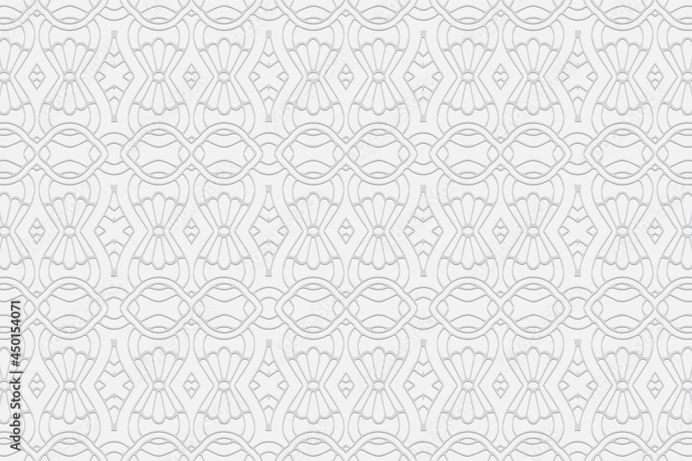 3d volumetric convex embossed geometric white background. Handmade curly pattern. Ethnic oriental, Asian, Indonesian ornaments for design and decoration.