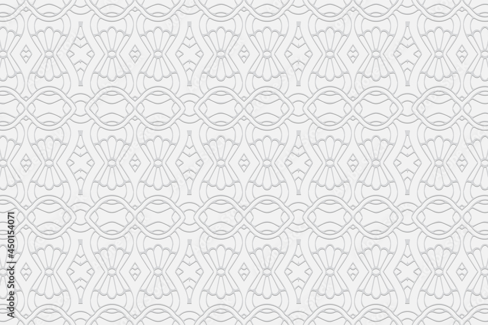 3d volumetric convex embossed geometric white background. Handmade curly pattern. Ethnic oriental, Asian, Indonesian ornaments for design and decoration. 3d volumetric convex embossed geometric white background. Handmade curly pattern. Ethnic oriental, Asian, Indonesian ornaments for design and decoration.