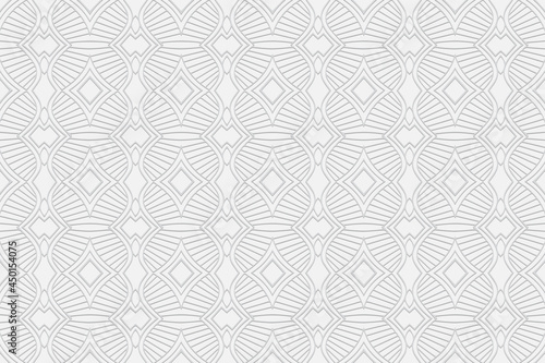 3d volumetric convex embossed geometric white background. Original pattern using handmade technique. Ethnic oriental, Asian, Indonesian ornaments for design and decoration.
