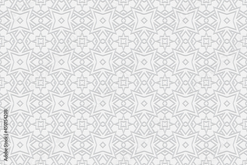 3d volumetric convex embossed geometric white background. An elegant pattern in handmade technique. Ethnic oriental  Asian  Indonesian ornaments for design and decoration.
