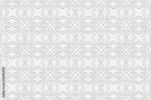 3d volumetric convex embossed geometric white background. Minimalist pattern in handmade technique. Ethnic oriental, Asian, Indonesian ornaments for design and decoration.