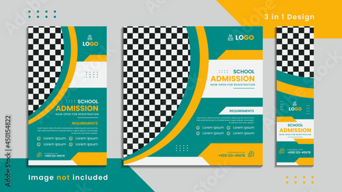 Kids school admission social banner 3 in 1 set design with mockup.