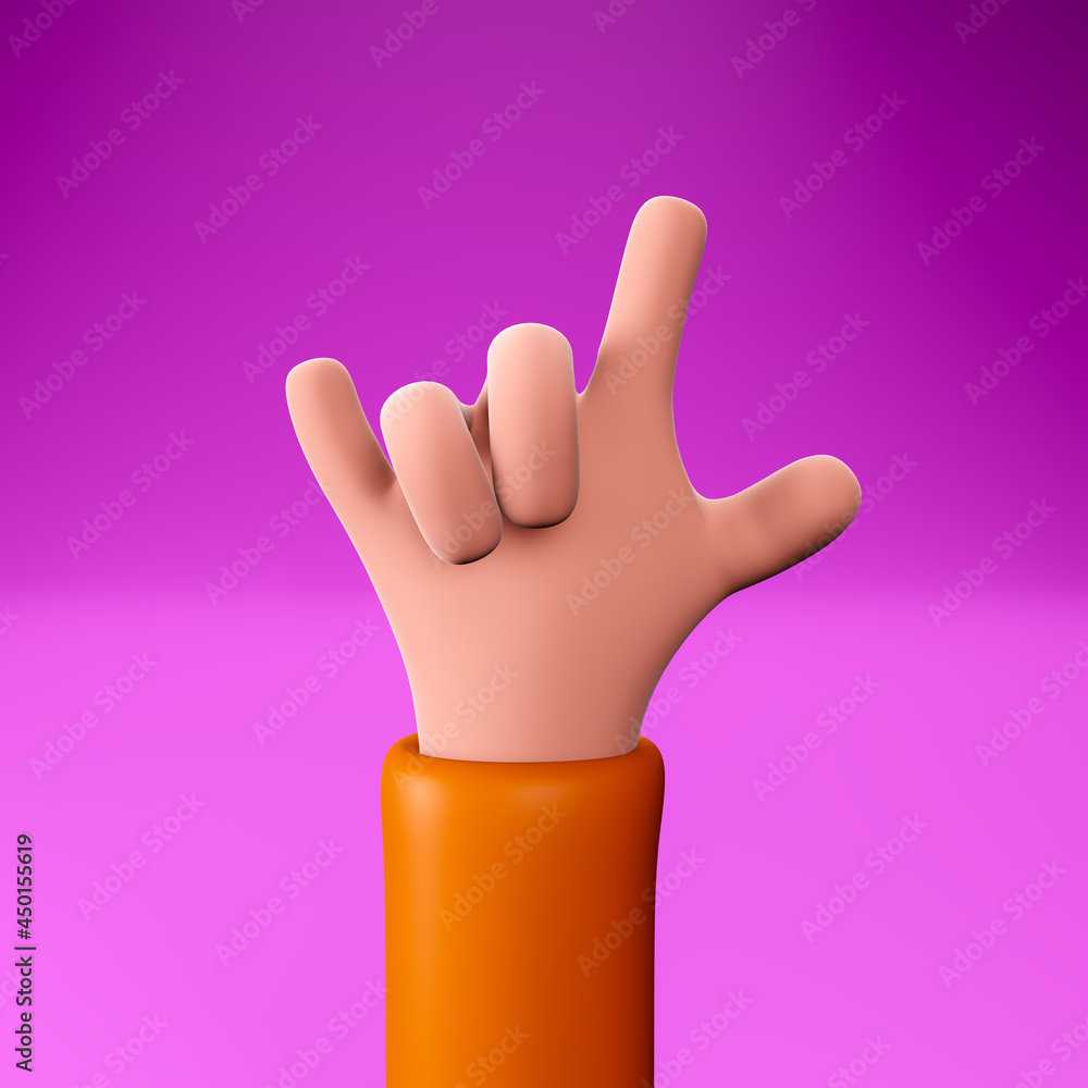 Cartoon hand shows a goat gesture, 3d illustration. The concept of music, rock and parties. The hand of a cartoon character makes a Rock and Roll gesture, 3d rendering.