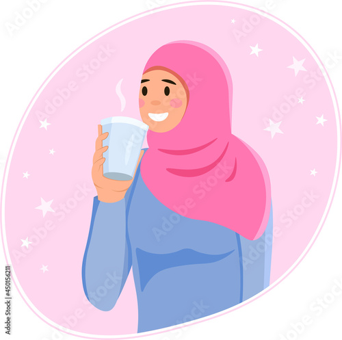 arabic girl in hijab drinking coffee. Wearing traditional abaya from UAE or Saudi Arabia. Happy muslim woman during Ramadan. Pink scarf
