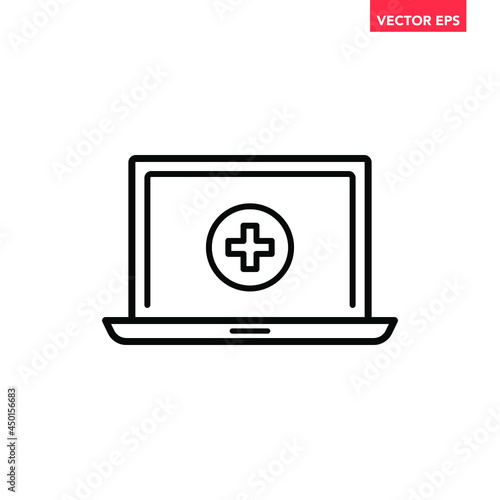 Black online medical help line icon, simple medical record stats on screen flat design pictogram, infographic vector for app logo web button ui ux interface elements isolated on white background