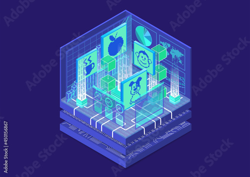 NFT non-fungible token concept infographic. 3d isometric vector illustration of this blockchain technology to sell and purchase digital artwork.