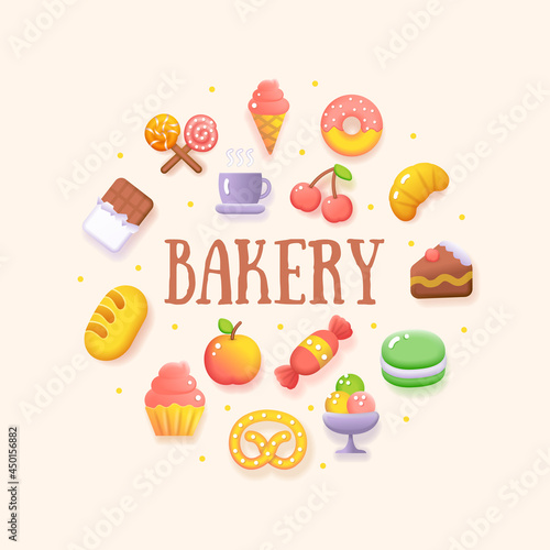 Food Sweets Coffee Shop Bakery Round Fluent Design Template Icon Concept. Vector