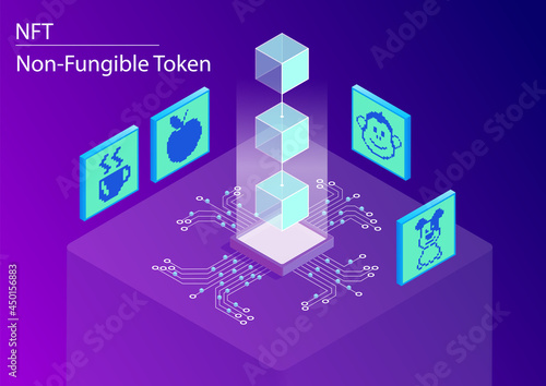 NFT non-fungible token concept infographic. 3d isometric vector illustration of this blockchain technology to sell and purchase digital artwork.