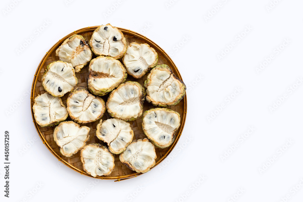 Custard apple in bamboo basket on white background. Custard apple in bamboo basket on white background.