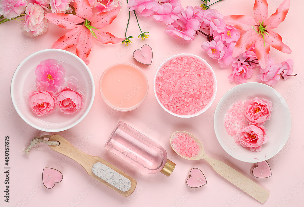 Spa and wellness composition with aromatic rose water, salt, roses, archidea flowers and sakura, aromatherapy and skin care, lifestyle concept, invitation and advertising, Spa and wellness composition with aromatic rose water, salt, roses, archidea flowers and sakura, aromatherapy and skin care, lifestyle concept, invitation and advertising,