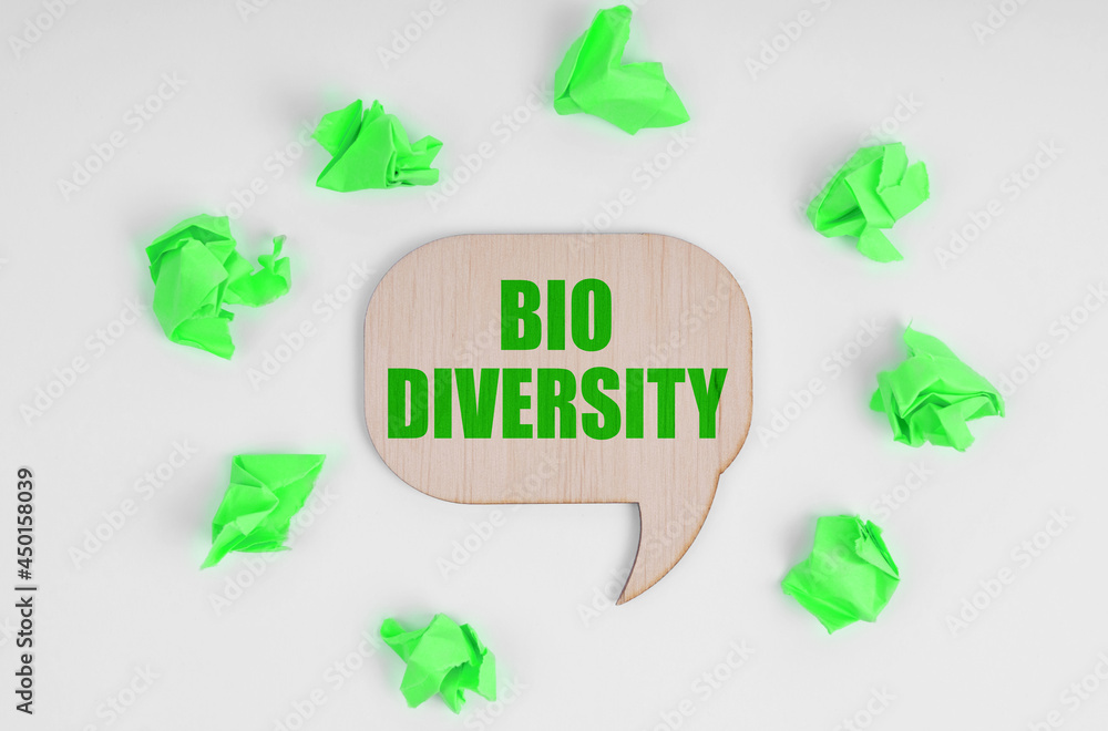 On a white background, there are crumpled green pieces of paper and a wooden sign with the inscription - Bio Diversity On a white background, there are crumpled green pieces of paper and a wooden sign with the inscription - Bio Diversity