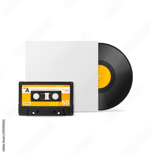 Realistic Detailed 3d Vinyl and Tape Audio Cassette Set. Vector