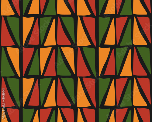 Abstract Kwanzaa, Black History Month, Juneteenth seamless pattern with hand drawn triangles in traditional African colors - black, red, yellow, green. Vector tribal ethnic bright background design.