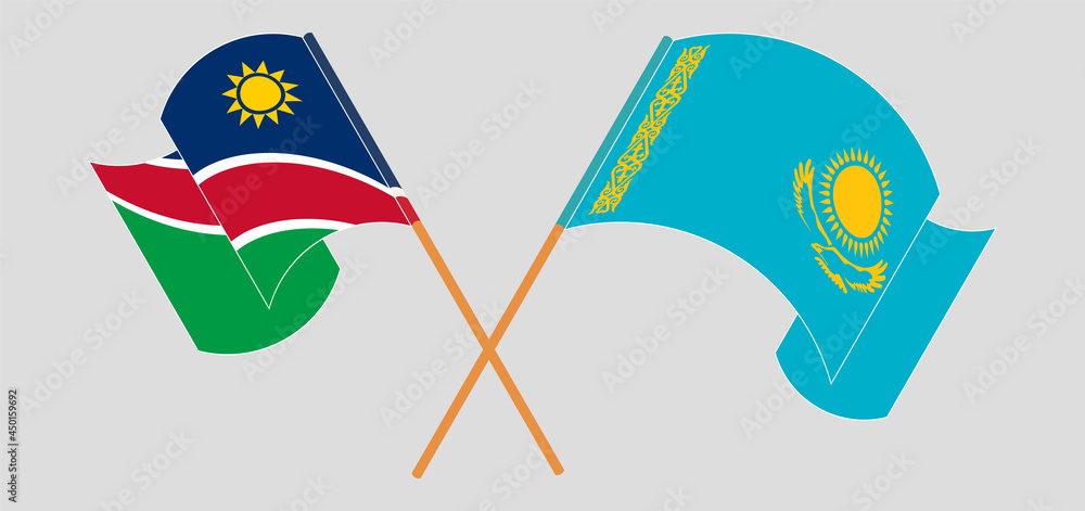 Crossed and waving flags of Namibia and Kazakhstan