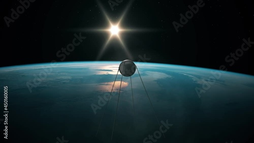 Satellite Sputnik 1 in space in orbit above the Earth. 3D rendering of the first artificial satellite orbiting Earth. 