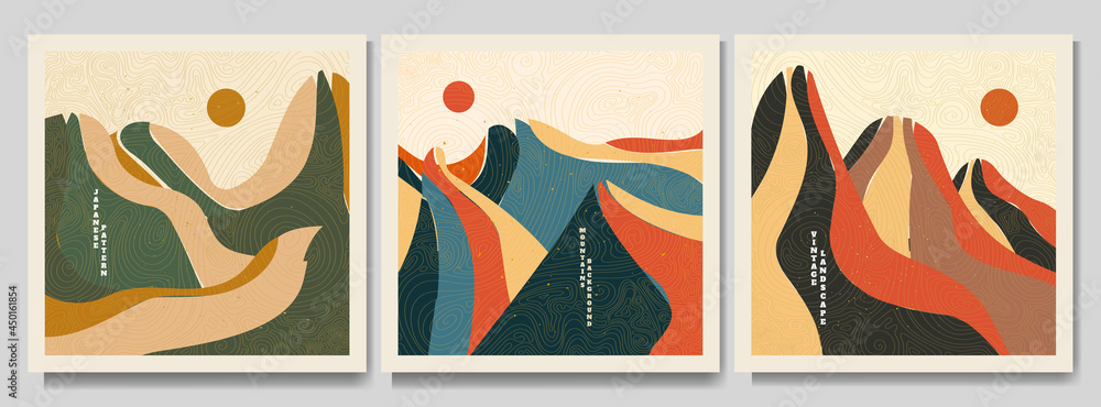 Vector illustration landscape. Flat design. Mountains and hills background collection. Japanese wave pattern. Grunge surface texture. Asian style. Design for web banner, social media template
