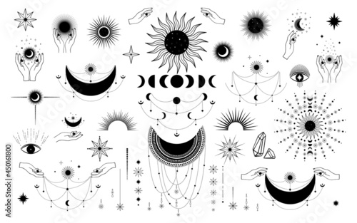 Hand drawn set of mystical Sun, moon, woman hand, diamond, star, eye in line art. Spiritual celestial space. Magic collection, galaxy talisman. Vector illustration isolated on white background