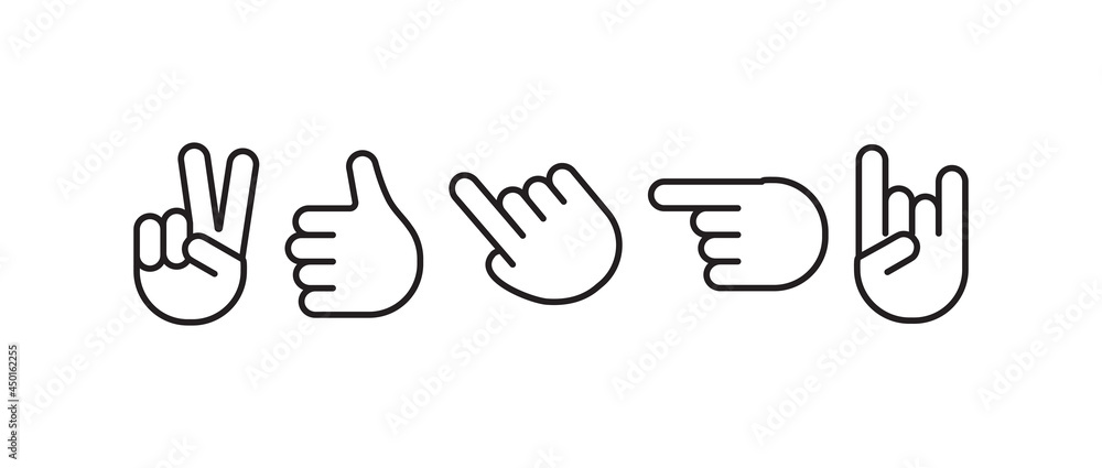 Obraz premium Gesture line vector set, black finger and palm hands outline icons isolated on white background. Expression illustration