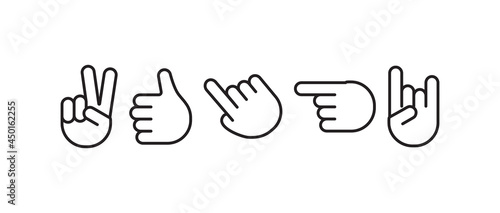 Gesture line vector set, black finger and palm hands outline icons isolated on white background. Expression illustration