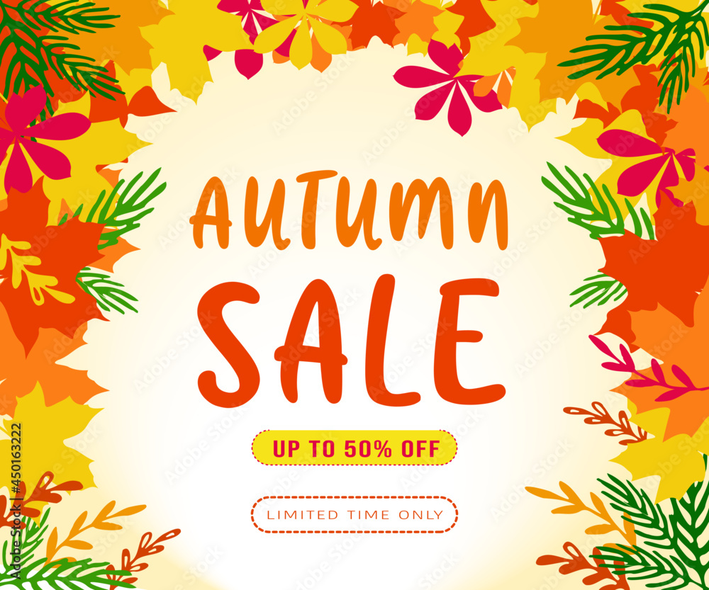 Autumn sale vector poster design with colorful maple leaves and sale discount text for fall season shopping promotion. . Autumn leaves background, Vector Illustration.