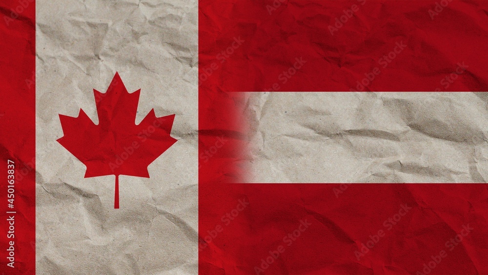 Austria and Canada Flags Together, Crumpled Paper Effect Background 3D Illustration