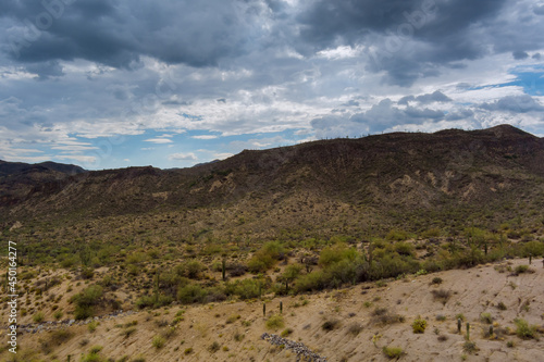 Aerial view wild west landscape with a cactus view of desert valley mountains in the Arizona  United States