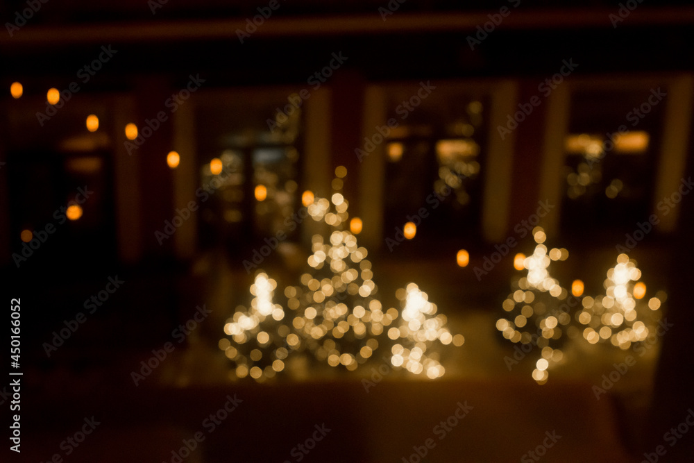 Christmas trees decorated with yellow garlands. Facade of the house. No focus.