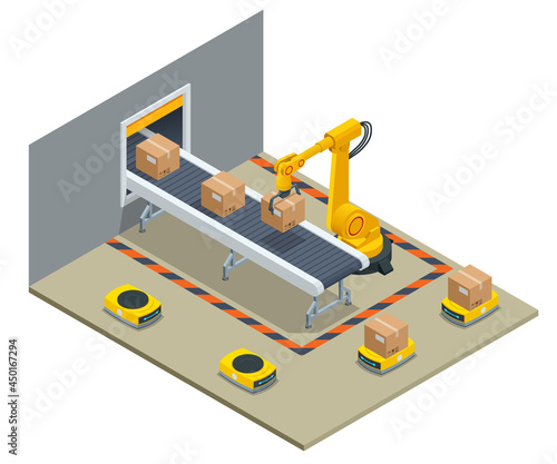 Isometric yellow robotic arm carry cardboard box in warehouse. Automated warehouse. Autonomous robot transportation in warehouses