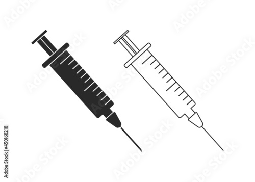 Syringe flat and outline vector icon, black silhouettes, medicine set, injection concept isolated on white background. Health illustration