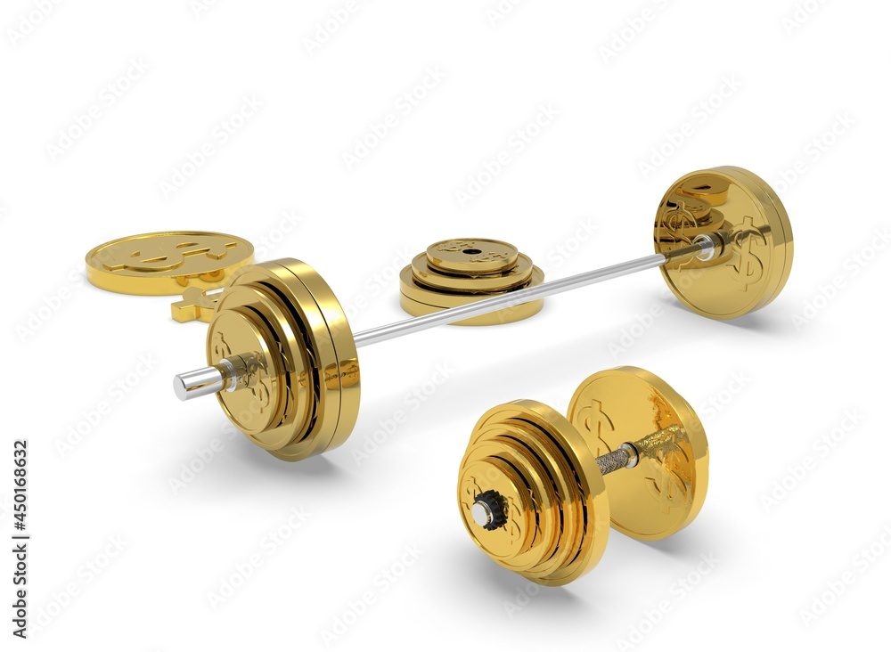 Gold barbell dumbbell and a coin with a dollar sign 3d-rendering Gold barbell dumbbell and a coin with a dollar sign 3d-rendering