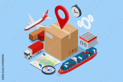 Isometric Global Logistics Network. Air cargo trucking rail transportation maritime shipping On-time delivery Vehicles designed to carry large numbers of cargo