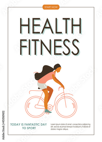 Promo flyer with woman doing fitness training. Sport, Workout, Healthy lifestyle, Gym, Fitness, Training. Vector illustration for poster, banner, special offer, advertising.
