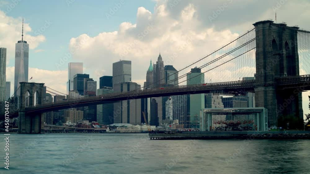 cloudy day manhattan view through brooklyn bridge 4k time lapse from nyc cloudy day manhattan view through brooklyn bridge 4k time lapse from nyc