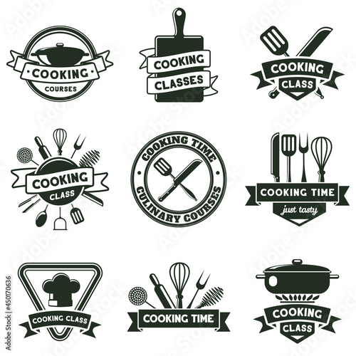 Kitchen food cooking, cutlery and kitchenware tools emblems. Culinary school labels, cooking classes badges vector illustration set. Food cooking badges