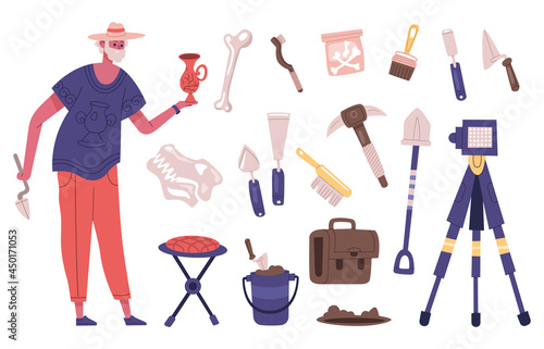 Archaeology explorer character with archaeology dig equipment and artefacts. Male archaeologist at work vector illustration. Archaeology excavation tools