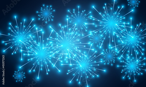 Festive fireworks with brightly shining sparks. Blue firecrackers and celebration lights in night sky. Happy new year sparkle. Realistic fireworks celebration. vector background.