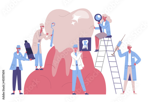 Stomatology dentists characters take care giant tooth. Dental service, doctors treat, clean tooth plaque and caries vector illustration set. Dental clinic treatment