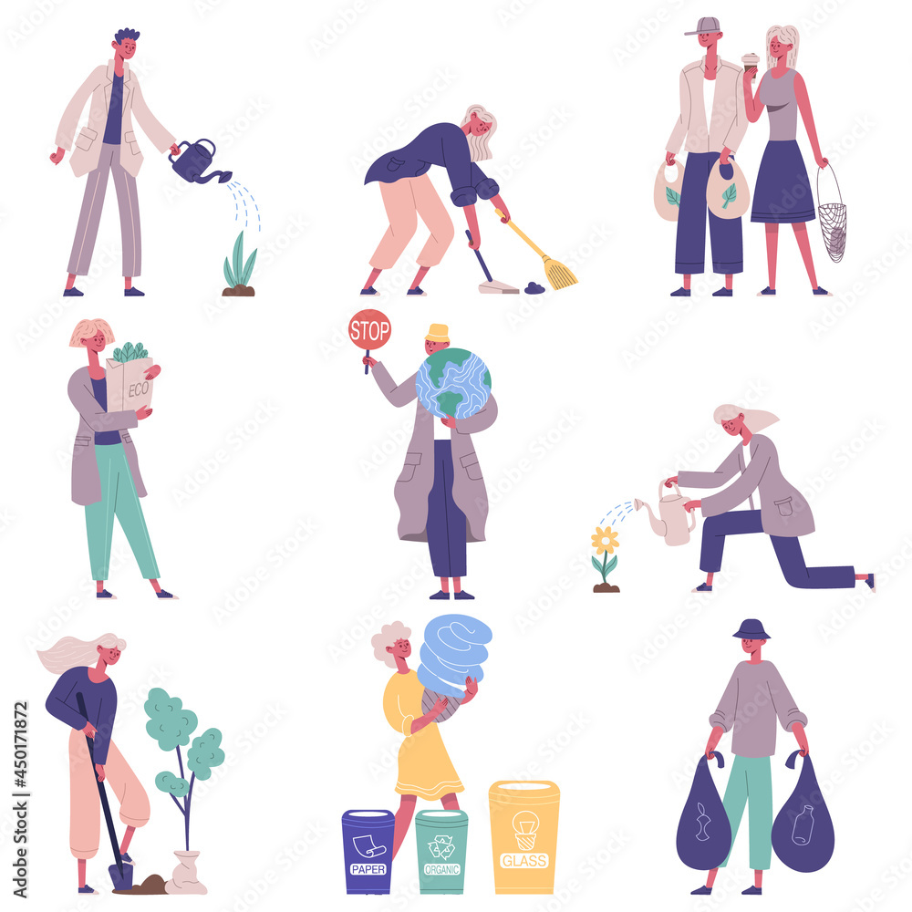 People protect, take care nature and ecology environment. Eco friendly people growing plants, sorting waste vector illustration set. Environmental protection activists