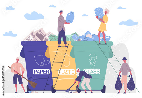 People sorting garbage, protecting environment from plastic solution. Collecting, sorting, recycling garbage activists vector illustration. Characters keep environment clean