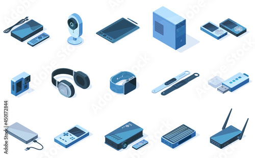 Isometric wireless 3d technology electronic gadgets equipment. Tablet, headphone, tracker devices vector illustration set. Wireless network electronic devices