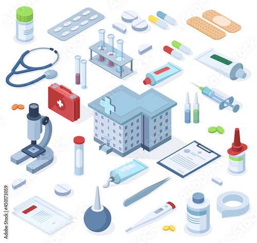 Healthcare pharmacy isometric first aid kit supplies. Healthcare medical pharmacy, drugs, bandage, stethoscope vector illustration set. Hospital first aid kit emergency box
