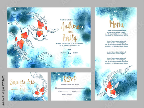 Wedding invitation card with abstract watercolor background and koi carp fishes. Menu card, Save the Date and RSVP card templates