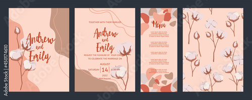 Wedding invitation card with blossom cotton flowers. Menu card and cover patt...