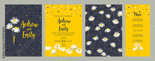 Wedding invitation card with chamomile or daisy flowers. Menu card and cover ...